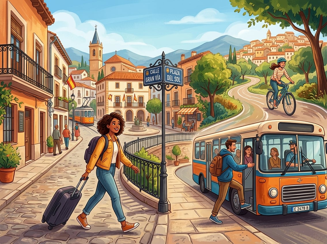 People moving and traveling in a Spanish town setting, including walking, boarding a bus, and riding a bicycle.