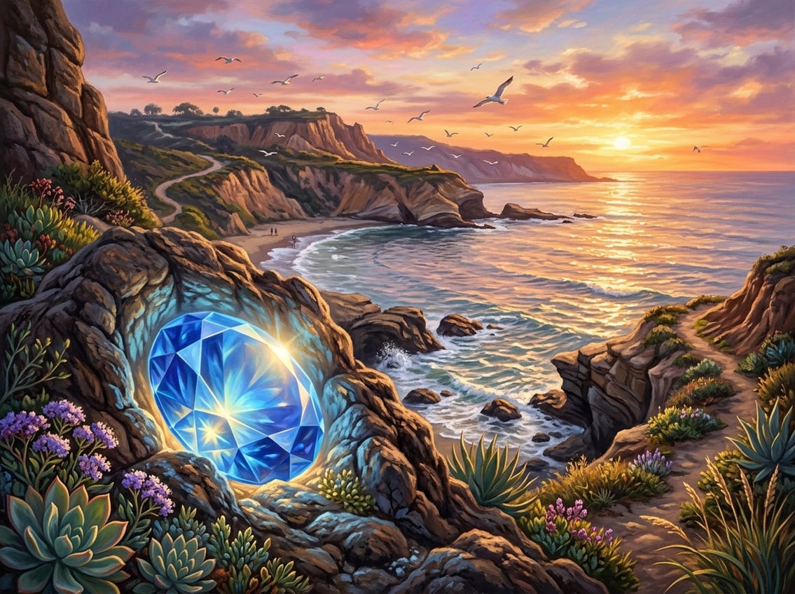 A coastal scene at sunset with a large glowing jewel embedded in rocks by the ocean, surrounded by plants and seagulls flying overhead.