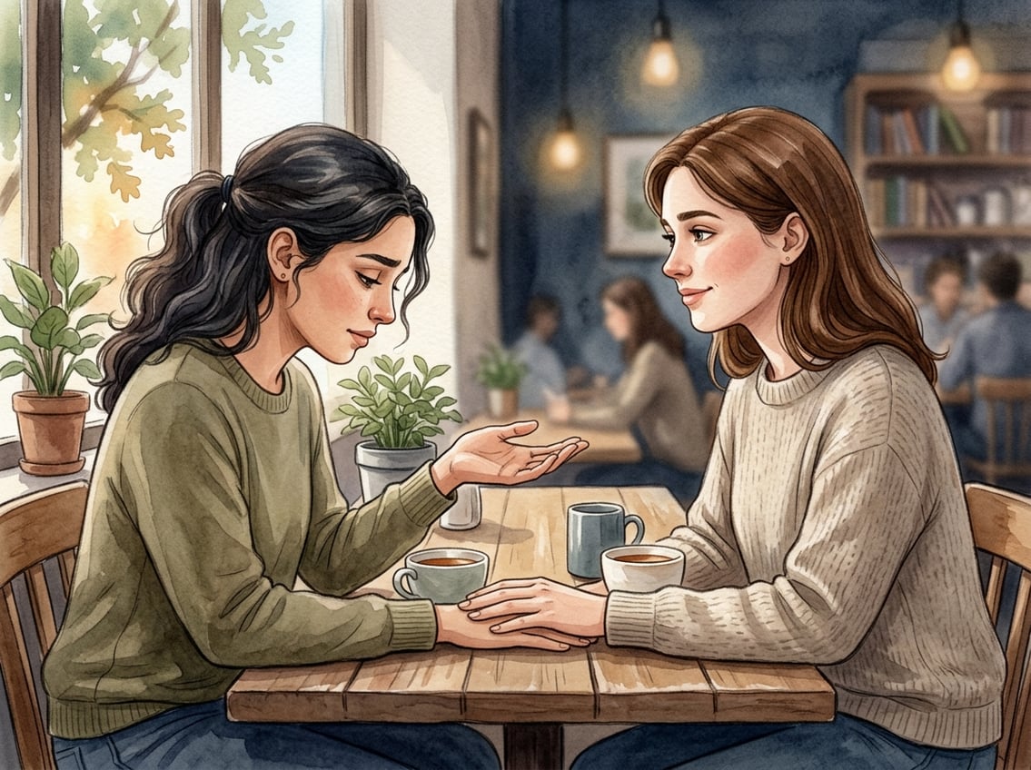 Two people in a calm setting, one expressing apology with a sincere expression while the other listens with understanding.
