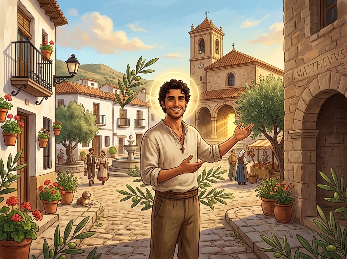 A young man named Mateo standing in a sunlit Spanish village square with olive branches and warm light around him.