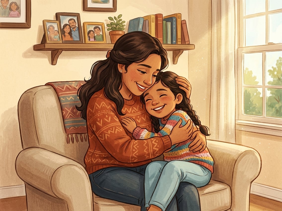 A mother lovingly embracing her young daughter in a warm, cozy home setting.