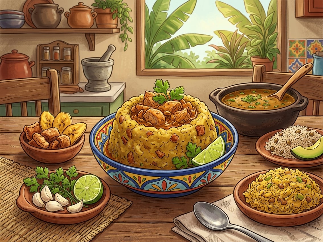 A bowl of mofongo made from mashed fried plantains on a wooden table, surrounded by garlic, pork cracklings, and broth in a warm kitchen setting.
