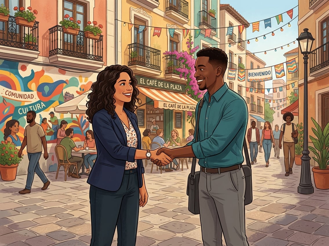 Two people smiling and shaking hands in a lively Spanish street scene with colorful buildings and decorations.