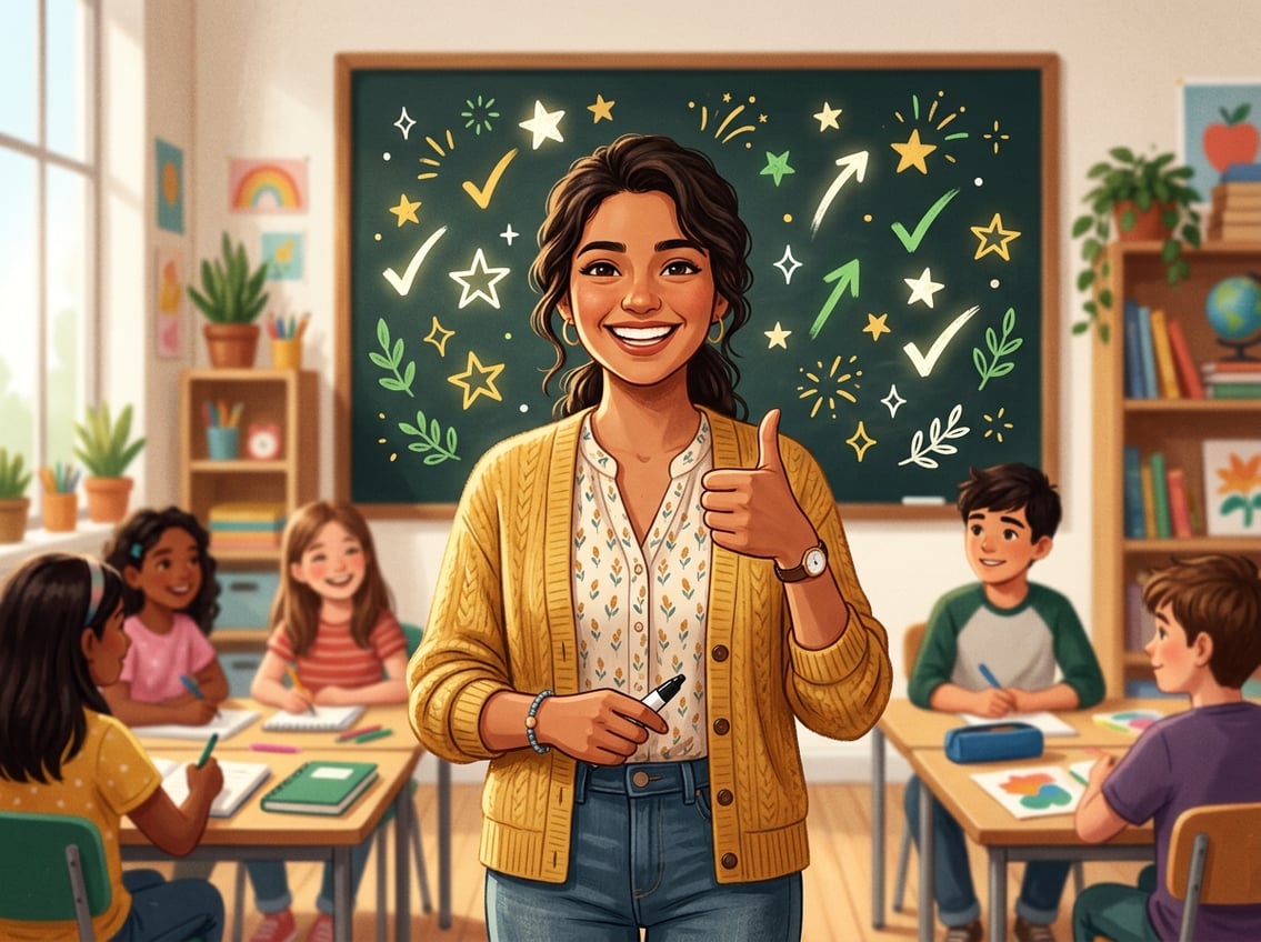 A young woman smiling and giving a thumbs-up in a classroom with symbols of success on a chalkboard behind her.