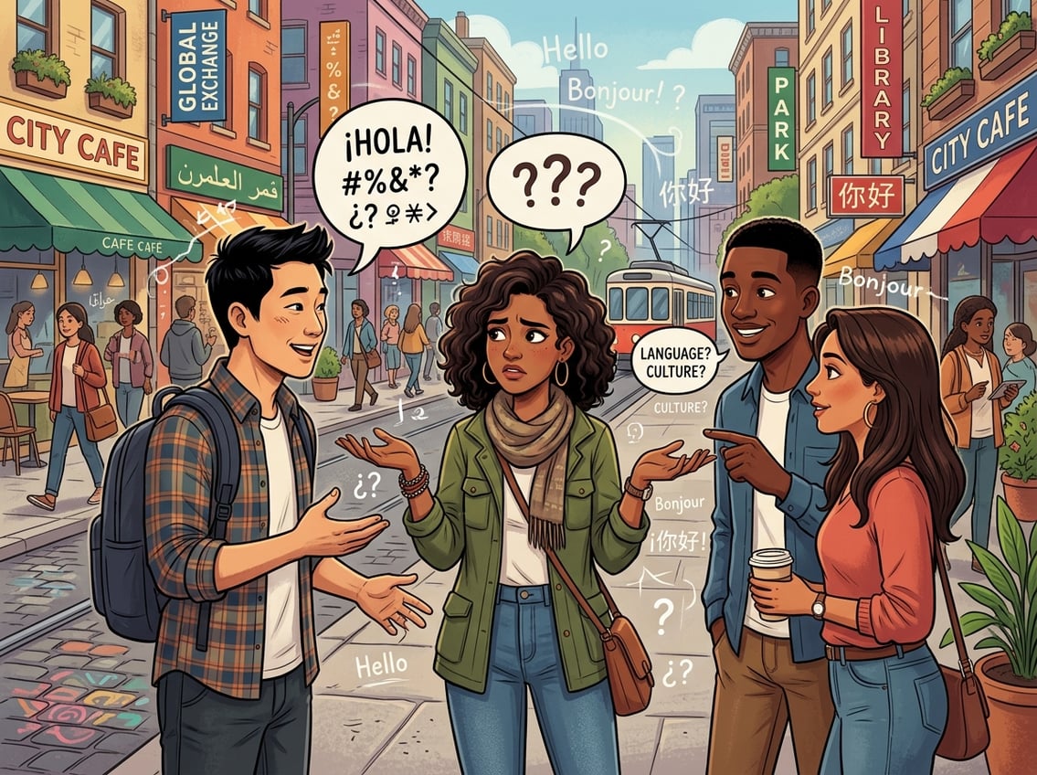 A group of people talking in a city scene, one person shrugging with a confused expression to show they don’t understand.