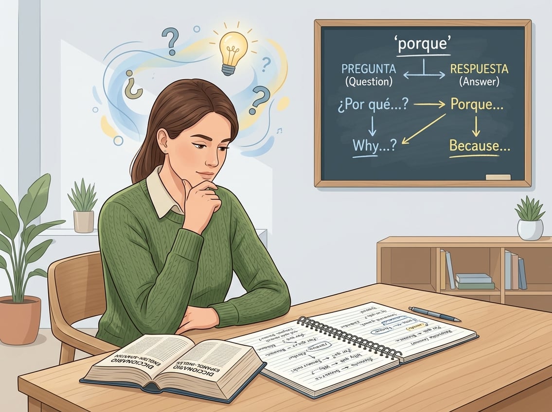 A young woman studying Spanish at a desk with a dictionary and notebook, with visual symbols of questions and ideas floating above her, in a bright study room.