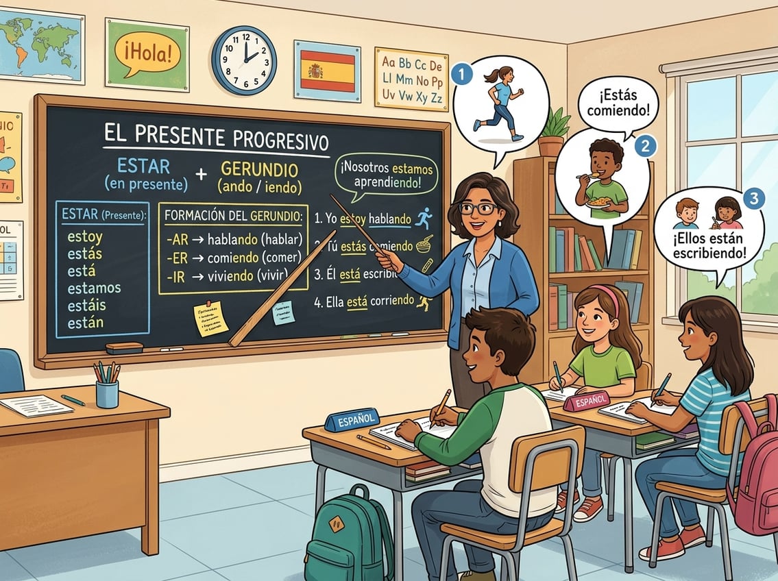 A teacher in a classroom points to a blackboard showing Spanish verb conjugations while students take notes.