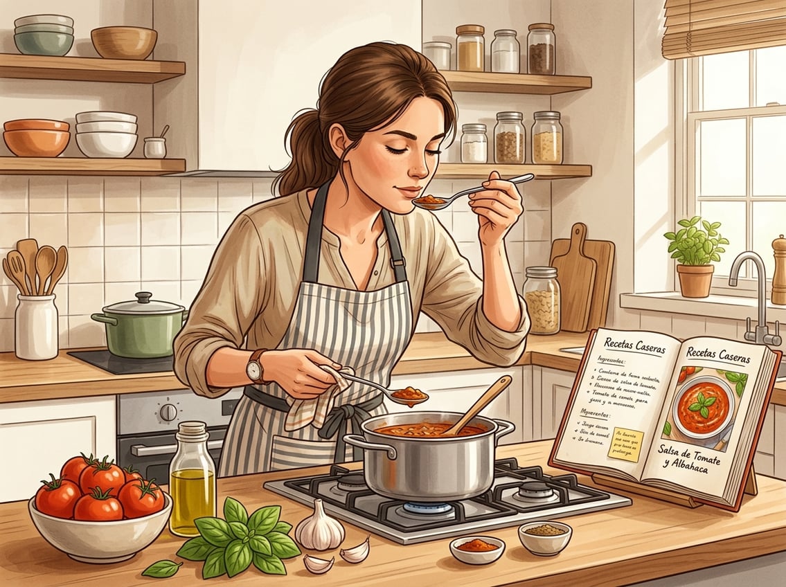 A person tasting food in a kitchen, thoughtfully sampling a spoonful while surrounded by fresh ingredients and a recipe book.