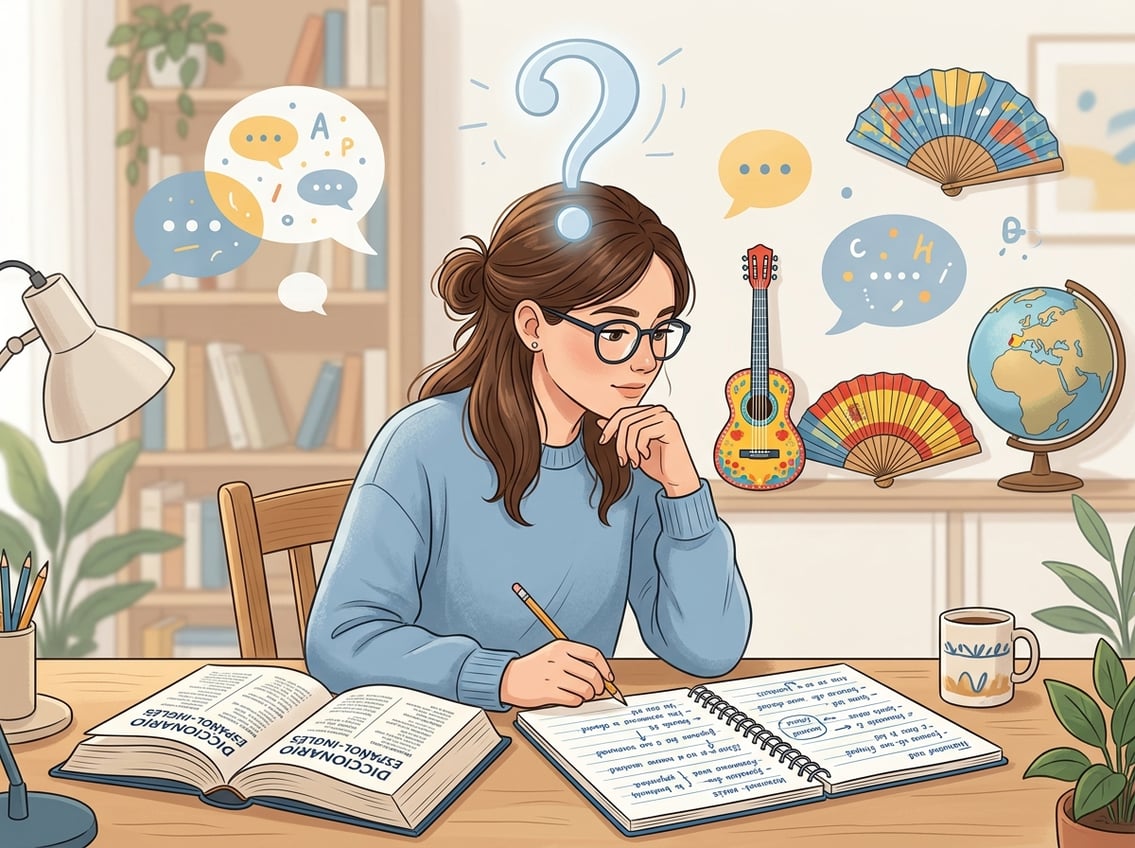 A young woman sitting at a desk with a dictionary and notebook, surrounded by language learning symbols and a floating question mark above her head.