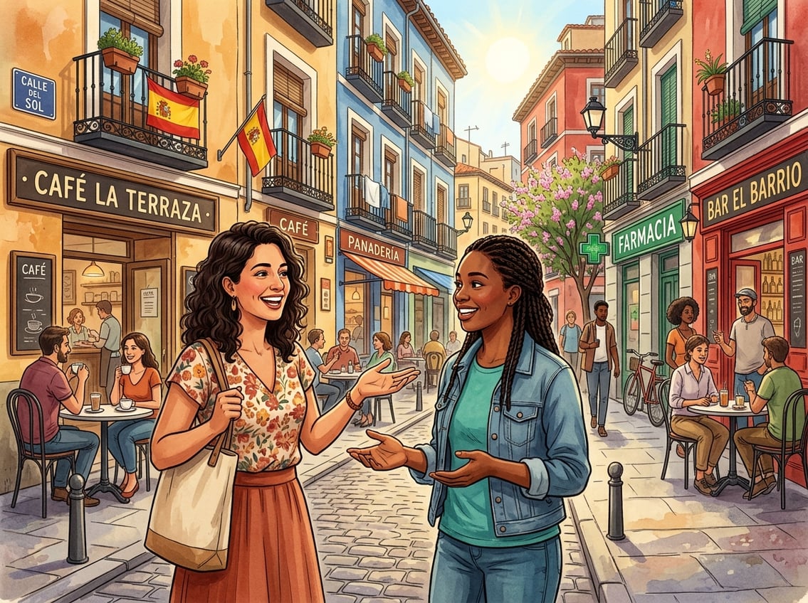 Two people having a friendly conversation outdoors in a lively city setting with colorful buildings and a café in the background.