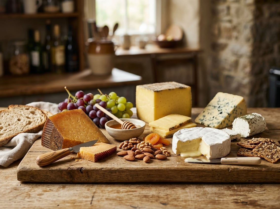 A wooden board displaying various types of cheese with grapes, nuts, and honey around them.