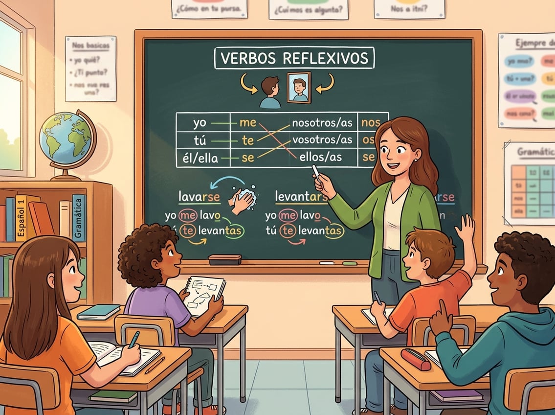 A teacher explains reflexive verbs in a Spanish language classroom with students listening and a chalkboard showing verb examples and pronouns.