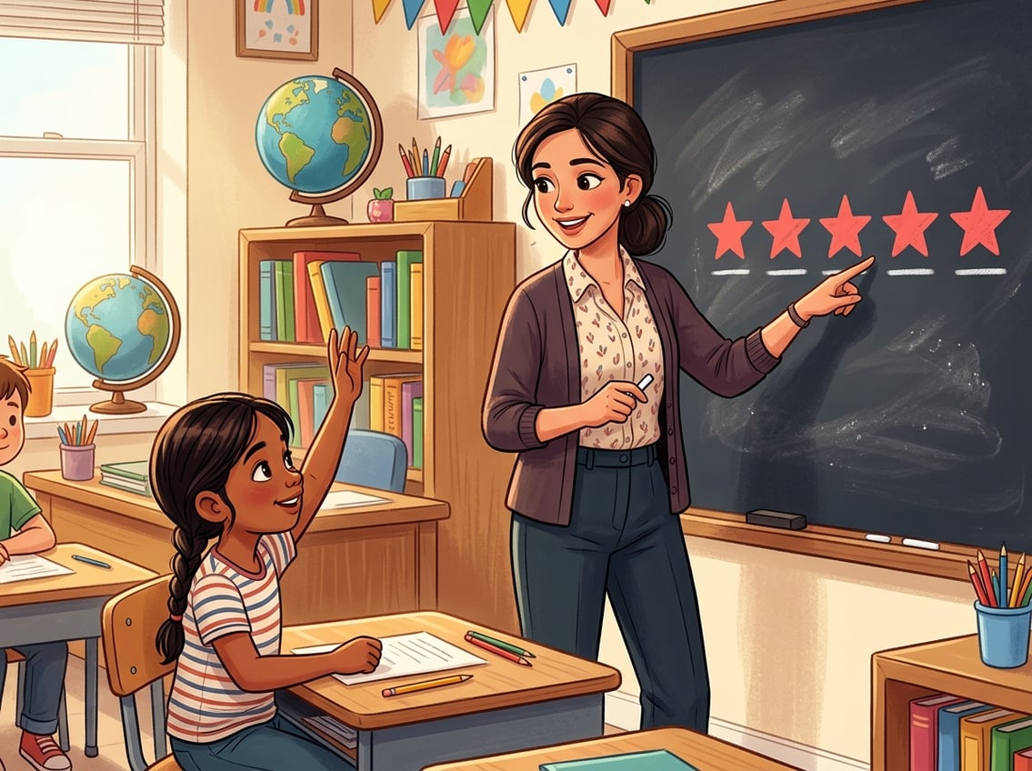 A teacher pointing to repeated symbols on a chalkboard while a student raises their hand in a classroom.