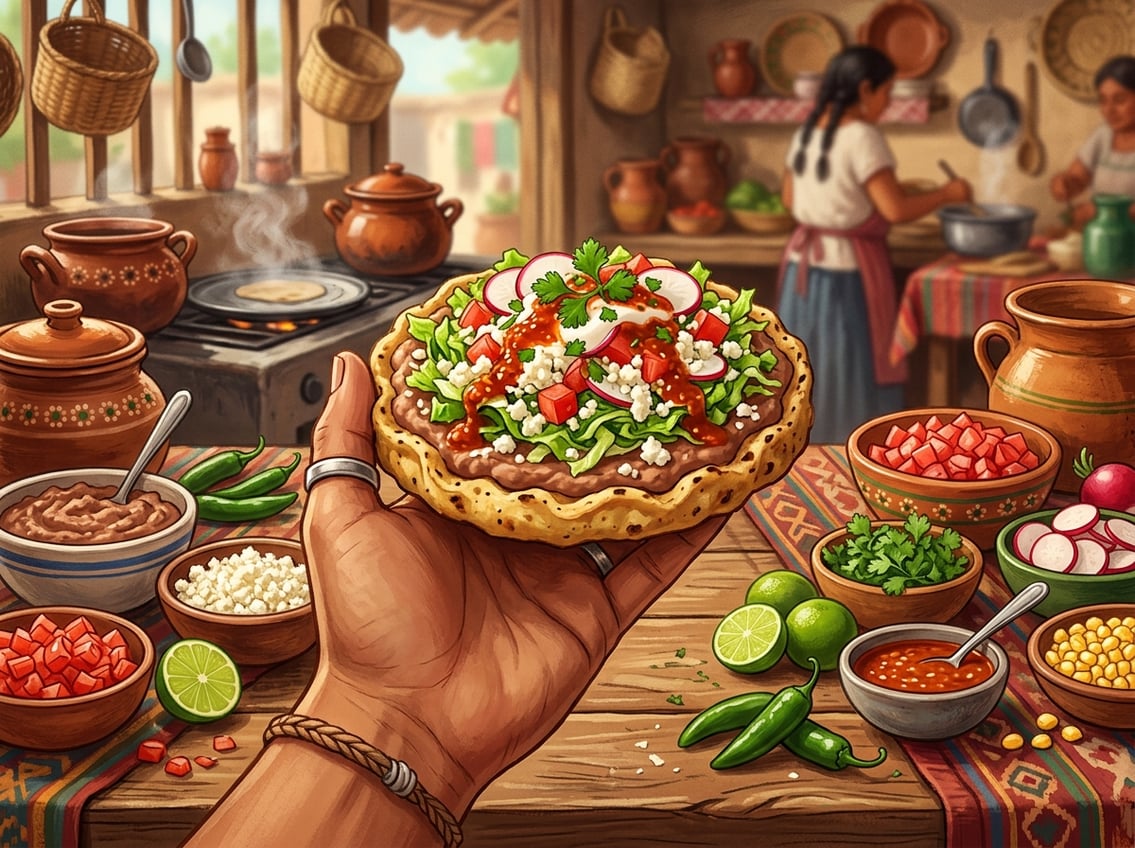 A close-up of a hand holding a traditional Mexican sope topped with beans, lettuce, cheese, radishes, tomatoes, and salsa, surrounded by fresh ingredients on a wooden table.