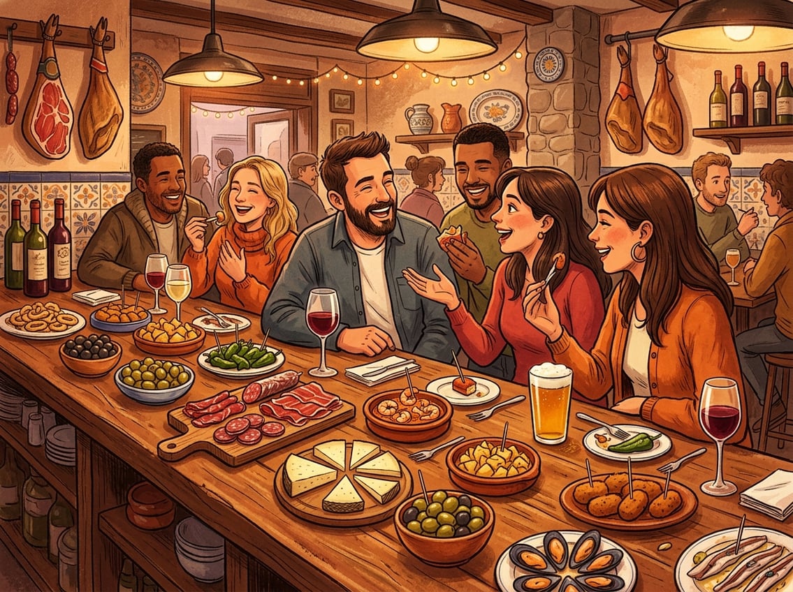 A lively tapas bar with small dishes of food and drinks on the counter and people enjoying a social meal.