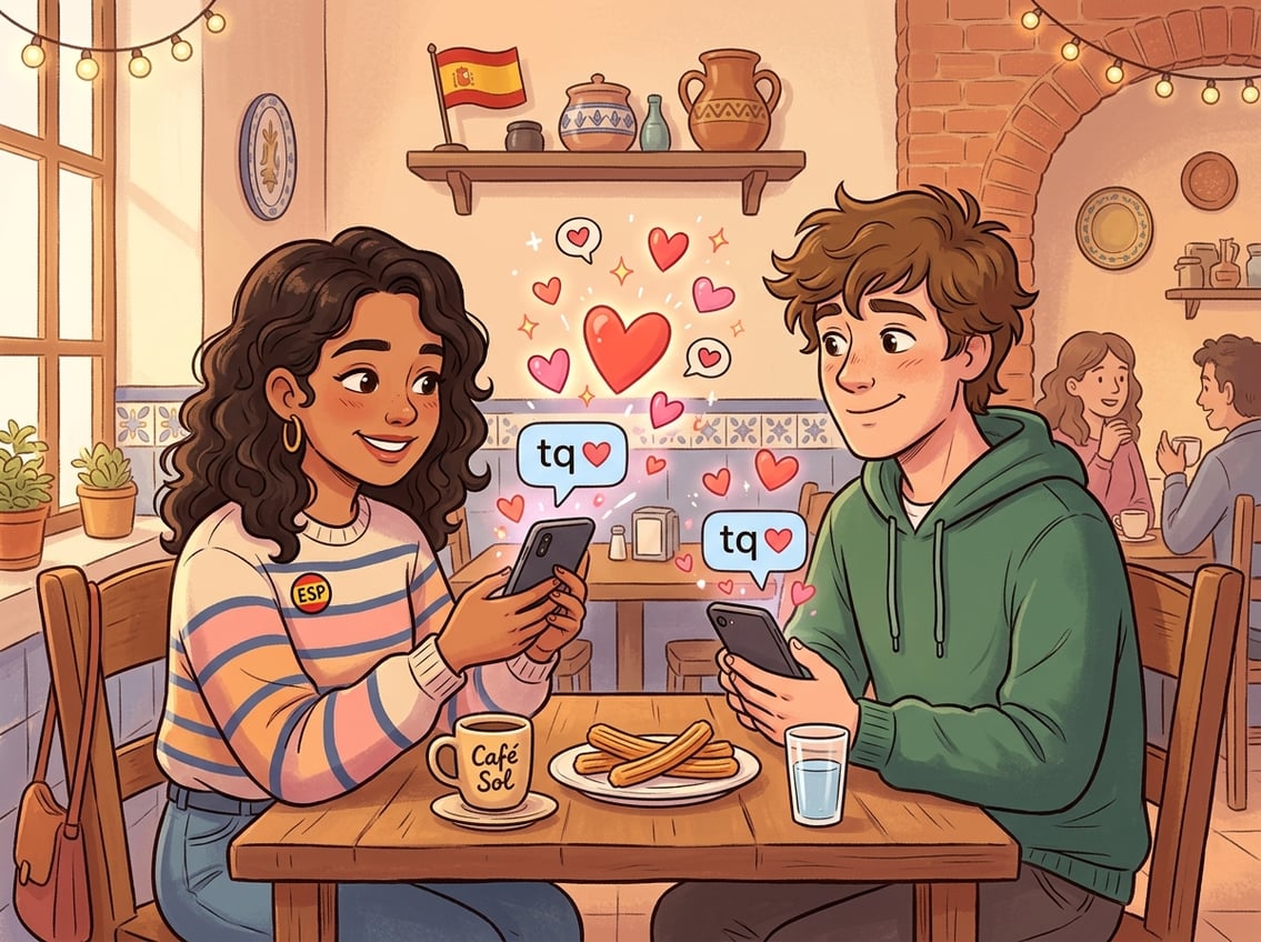 Two people sharing a warm moment with one sending a loving message on a smartphone, surrounded by heart icons and subtle Spanish cultural elements.