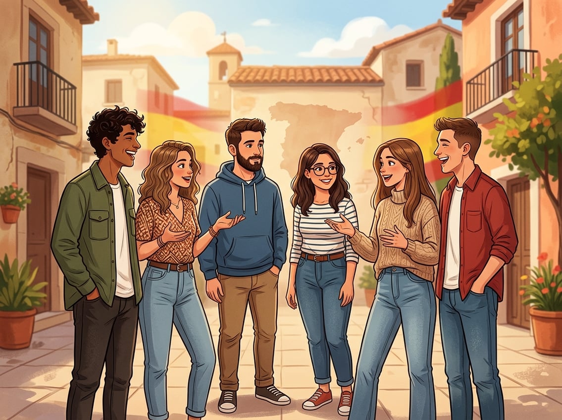 A group of young adults standing together and talking, with a faint outline of Spain in the background.