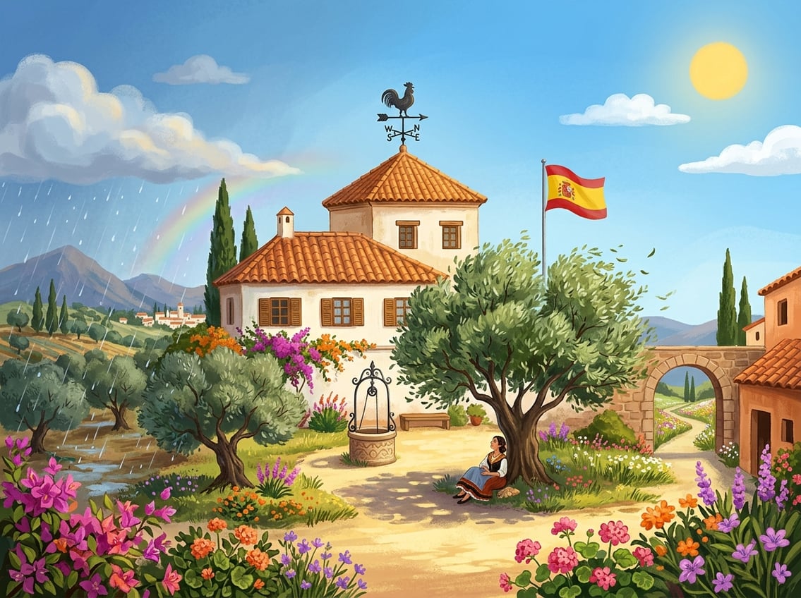 Outdoor scene showing different weather conditions like sun, clouds, rain, and wind near a traditional Spanish building with trees and flowers.
