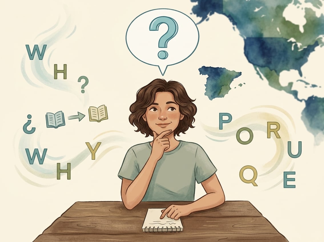 A person looking thoughtful with a question mark above their head, surrounded by floating letters and a blurred map in the background.
