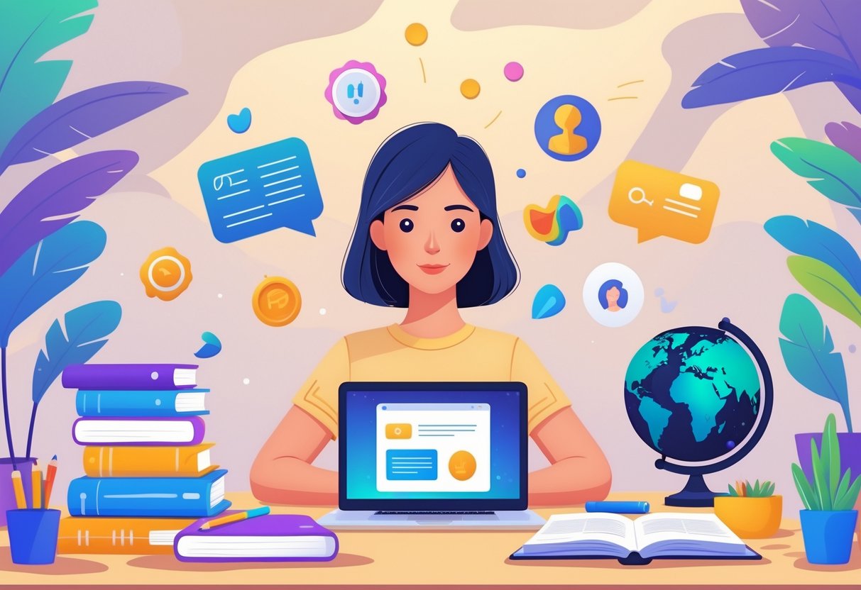 An adult learner studying Spanish at a desk with books and a laptop, while game elements float away in the background, highlighting traditional learning methods.