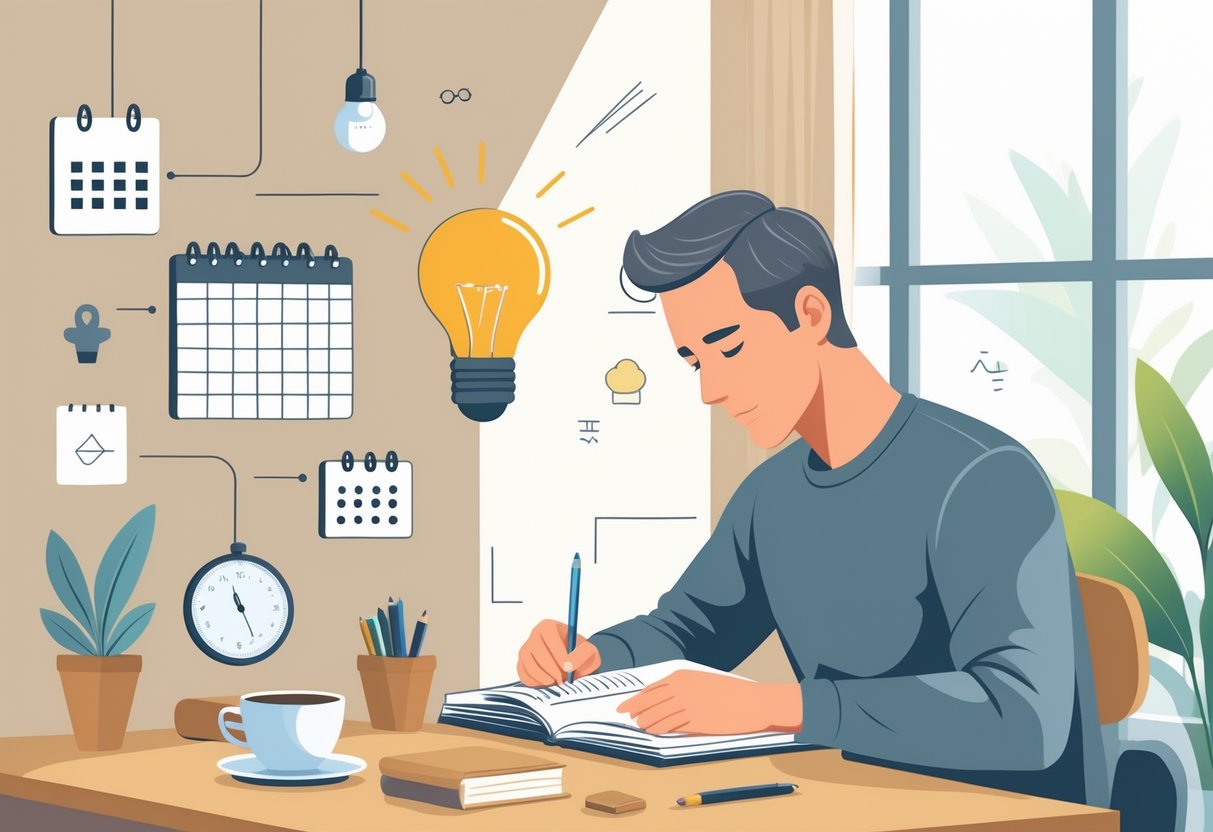 An adult studying Spanish at a desk with a textbook, notebook, and coffee, surrounded by symbols of motivation like a lightbulb, calendar, and plant, in a calm room with natural light.