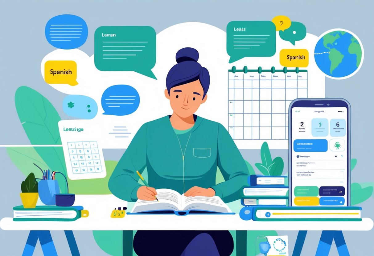 An adult studying Spanish at a desk with books, notes, a language app, and symbols of communication and cultural immersion around them.