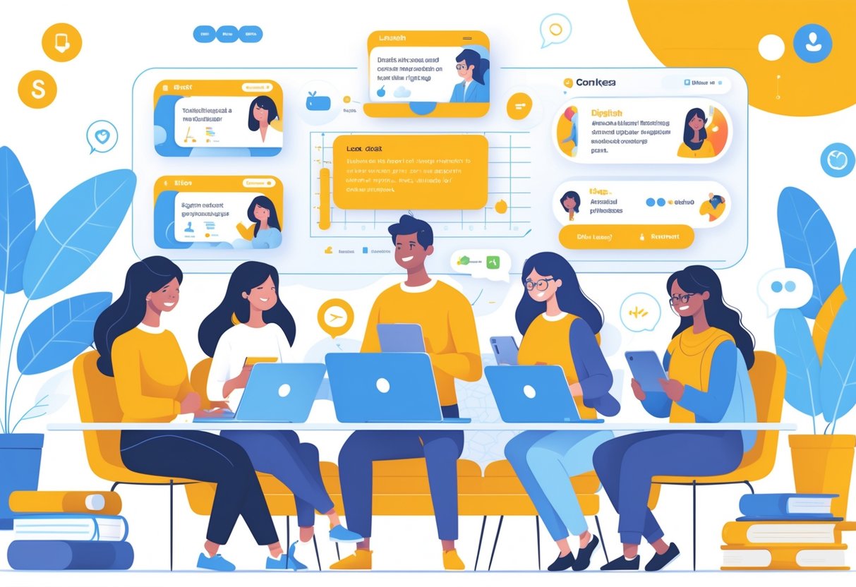 Adults of different backgrounds studying Spanish using laptops and tablets with digital learning tools in a bright, modern room.