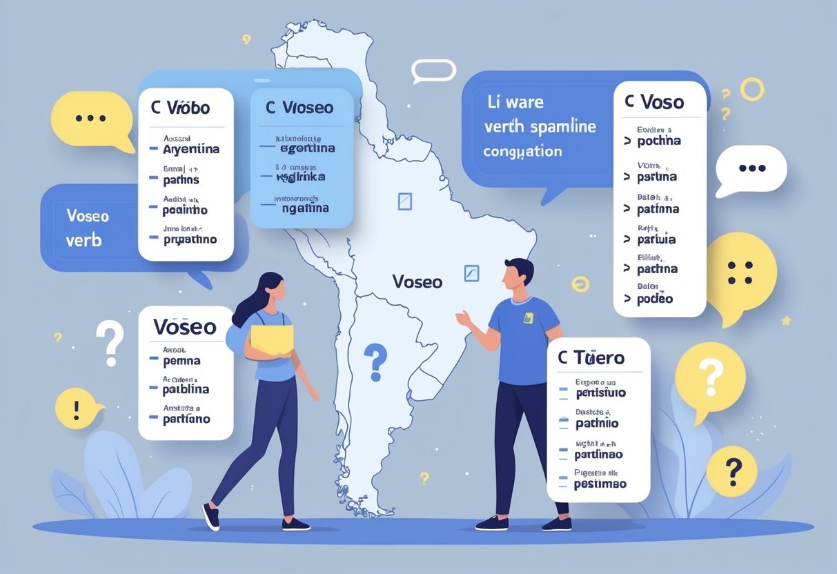 Two people with language symbols between them, illustrating differences in Argentine Spanish verb forms and grammar.