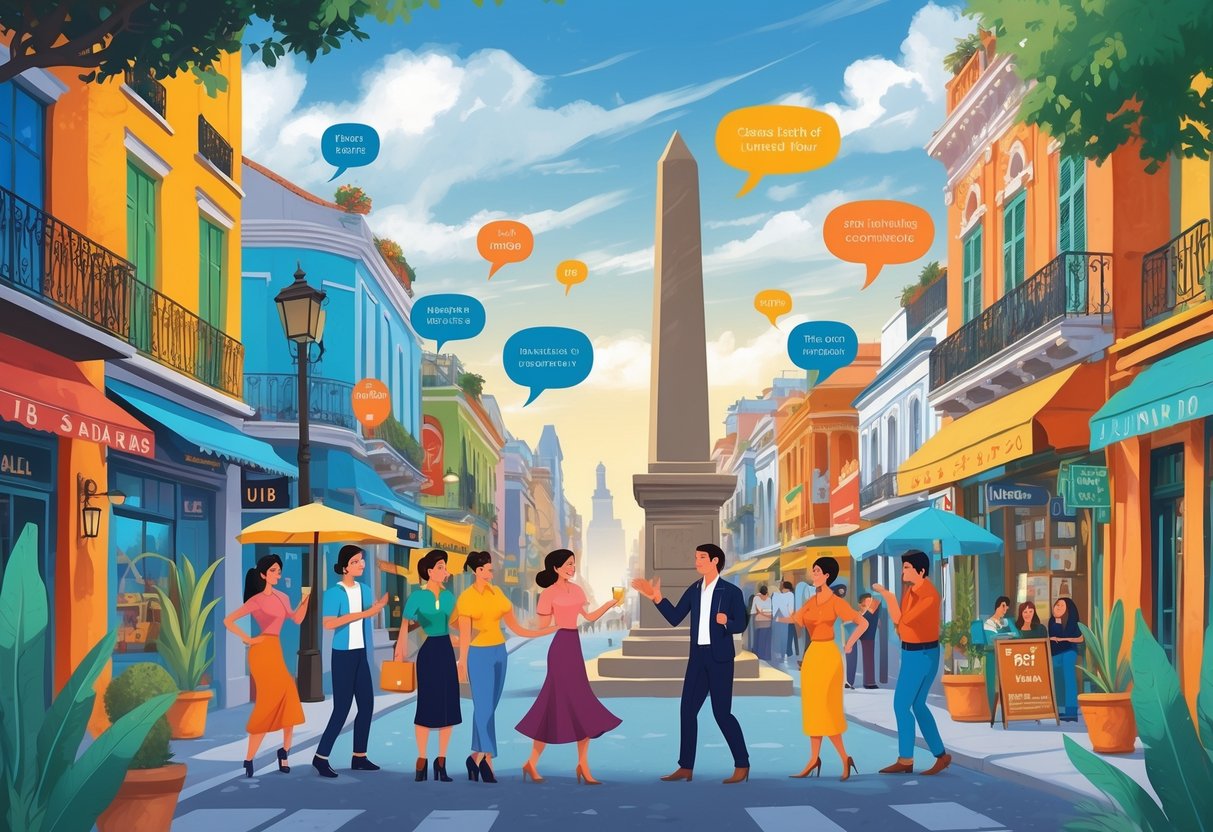 A lively Buenos Aires street scene with people talking, tango dancer, mate gourd, and colorful buildings representing Argentinian culture.