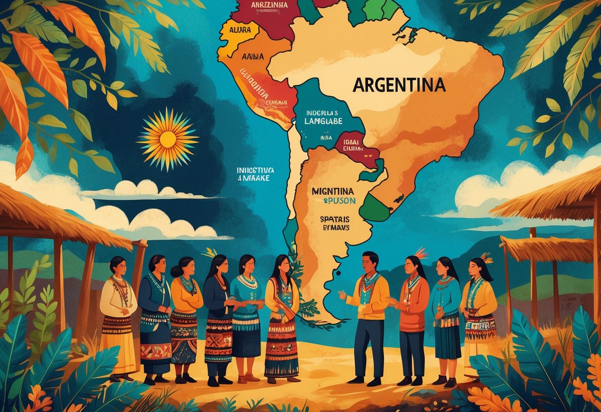 A map of Argentina with people from indigenous and modern communities talking, surrounded by traditional symbols and patterns representing cultural and language influence.