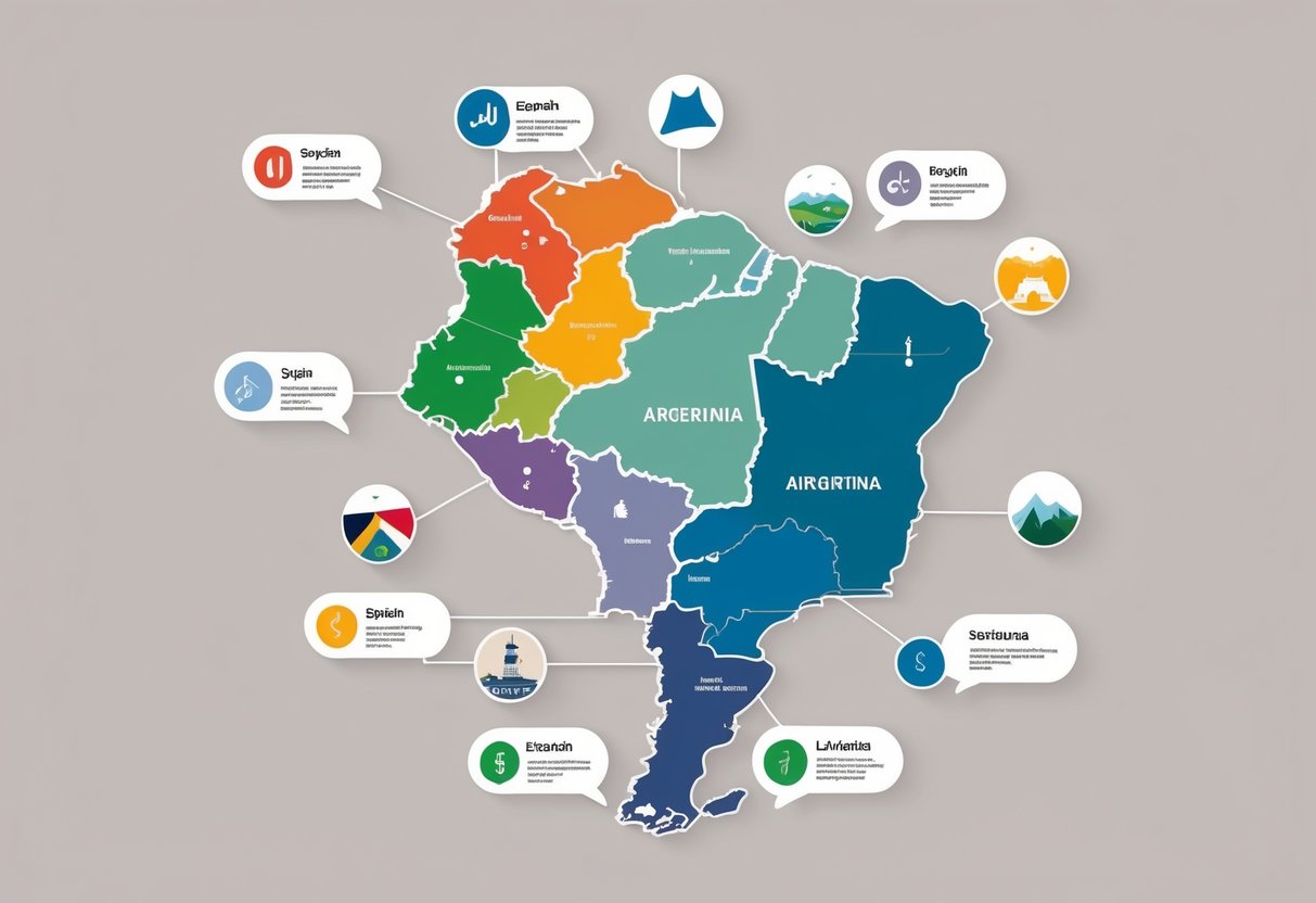 Map of Argentina divided into regions with icons representing different local linguistic and cultural features around each area.