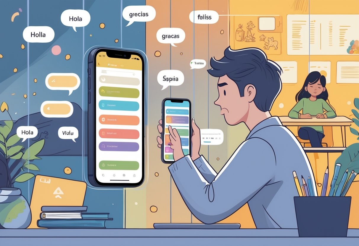 A frustrated adult learner sits at a desk using a Spanish learning app on a smartphone, separated by a transparent barrier from a lively classroom where a teacher engages students in interactive language learning.