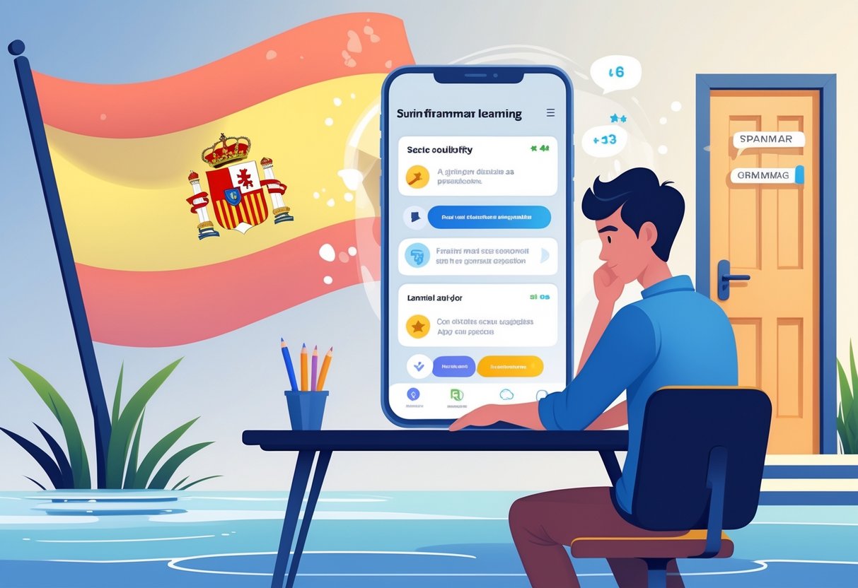 A person using a language learning app on a tablet, surrounded by symbols representing shallow grammar knowledge and barriers to advanced learning, with a Spanish flag in the background.