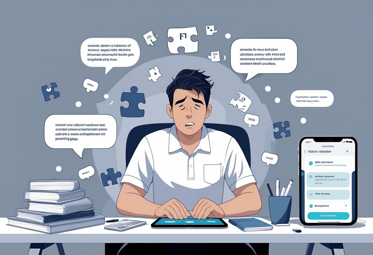 An adult learner sitting at a desk looking frustrated with a smartphone and tablet showing Spanish learning apps, surrounded by symbols of language learning difficulties and stuck progress.