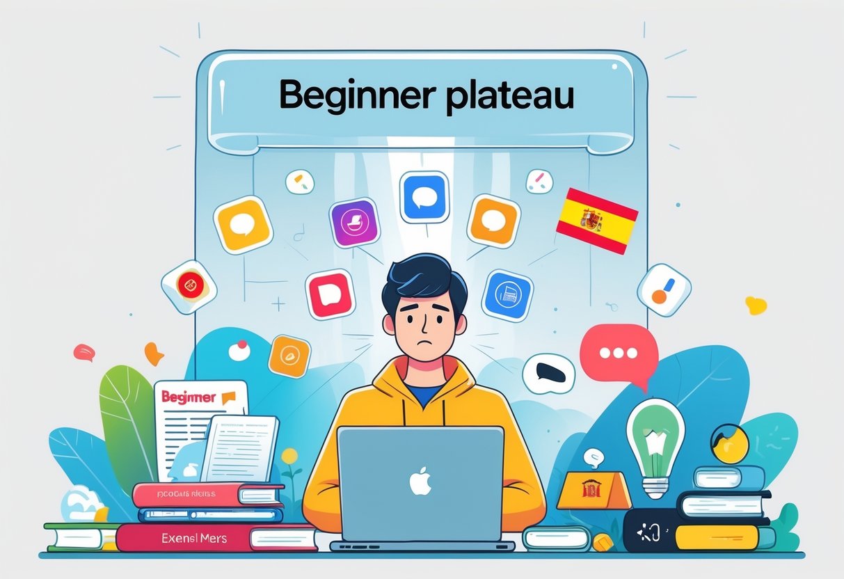 A young adult learner at a desk with a laptop, surrounded by language learning symbols and a transparent barrier above representing a beginner level plateau, with a clear path behind showing alternative language learning methods and cultural elements.