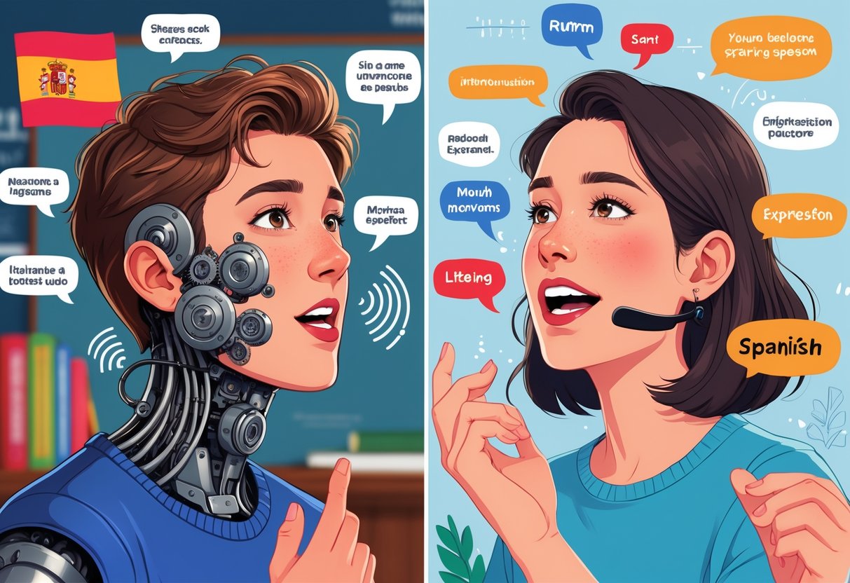 A young adult speaking Spanish is shown with one side of their face having robotic features and the other side speaking naturally, surrounded by native speakers and language learning elements.