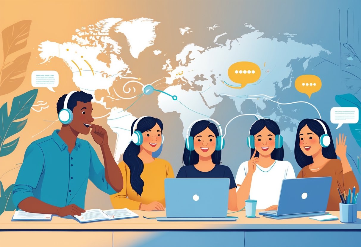 Five people practicing Spanish pronunciation together in a warm, inviting study space with visual elements representing speech sounds and language learning.