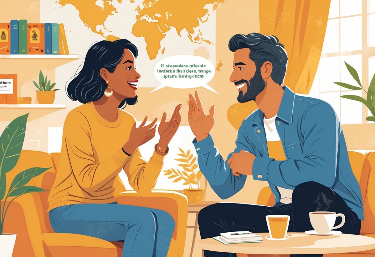 Two adults engaged in a friendly conversation, one speaking animatedly while the other listens attentively in a cozy room with Spanish cultural elements.