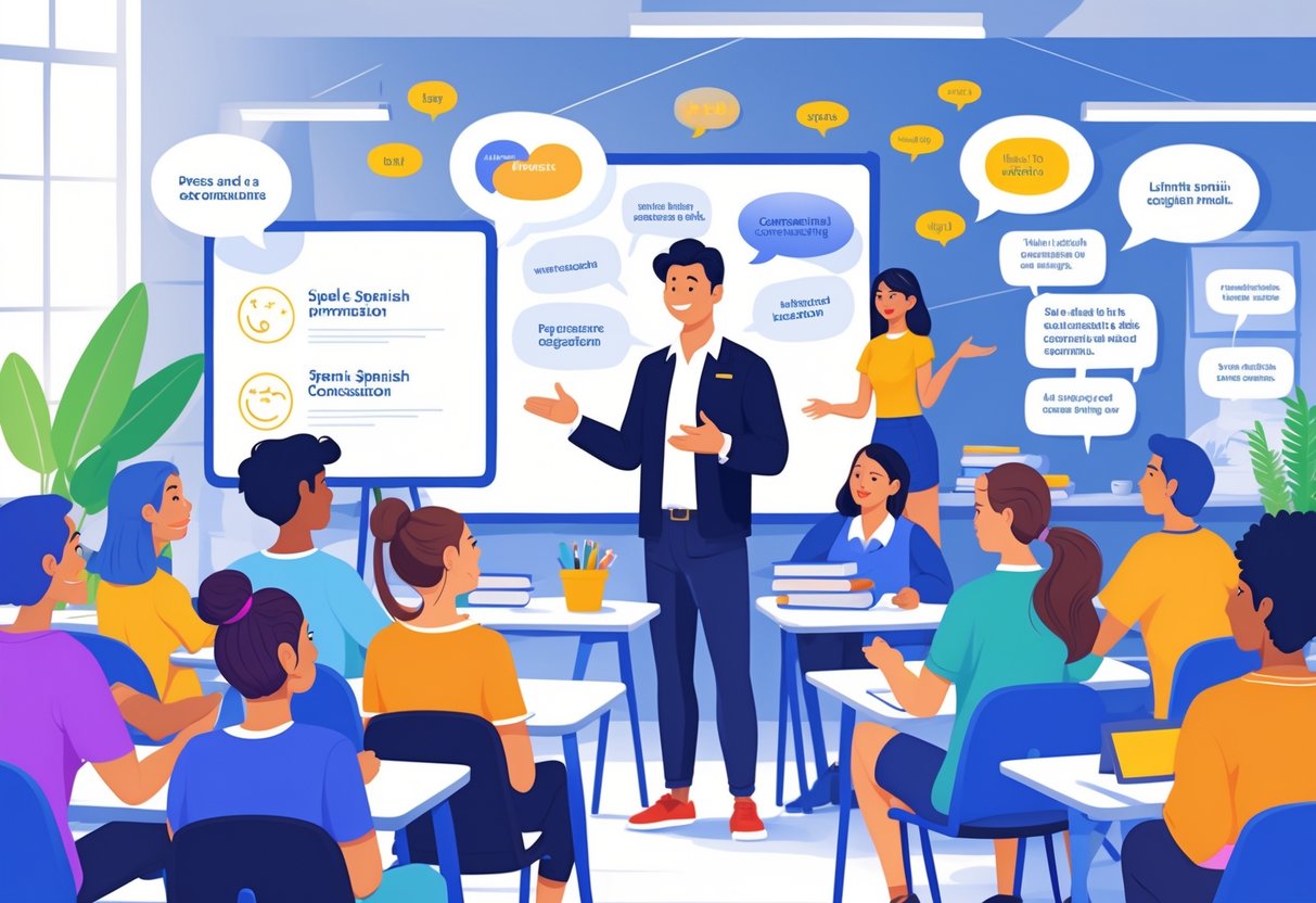 A group of people practicing Spanish conversation with a native speaker in a bright classroom, showing improvement and natural speaking.