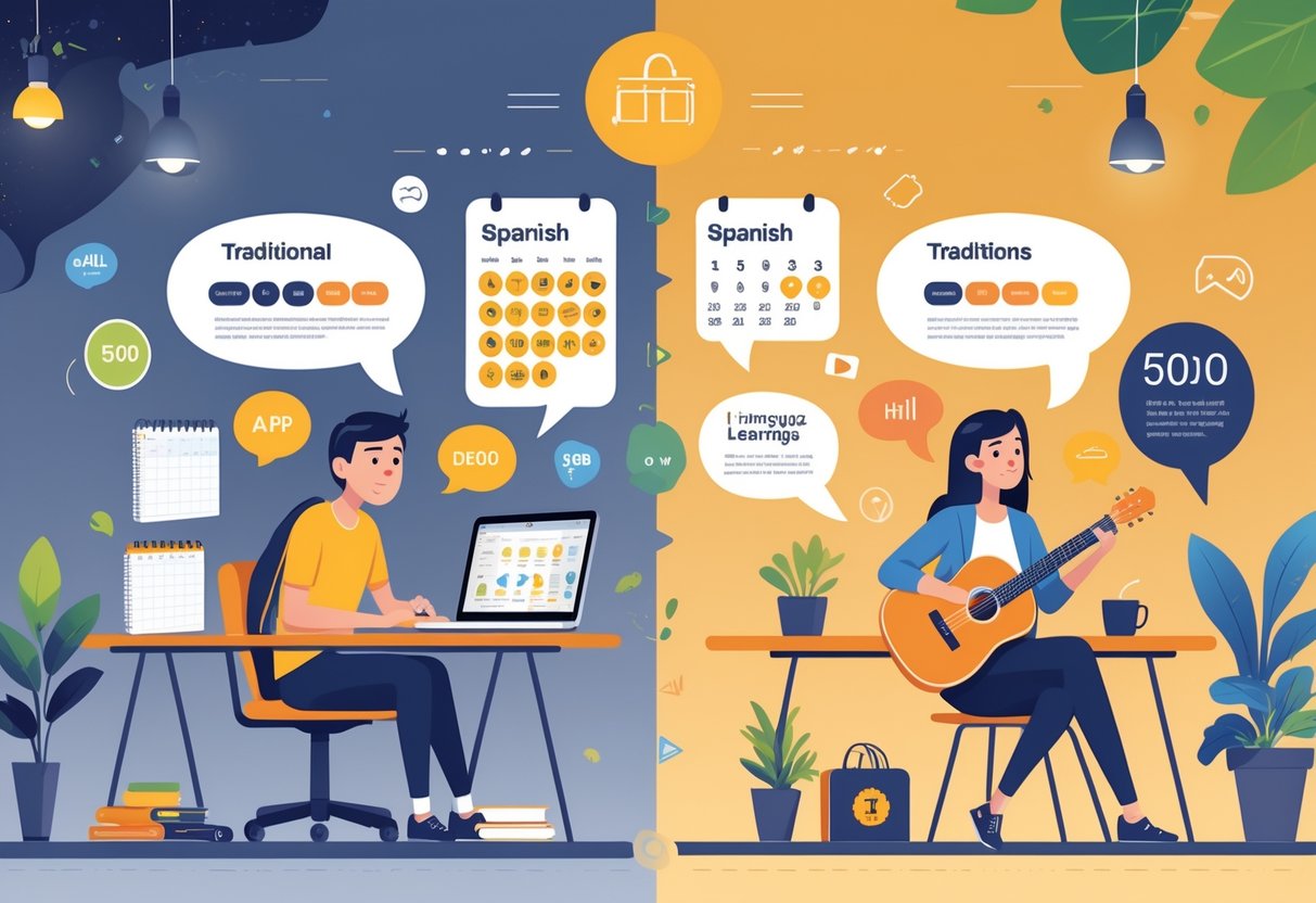 A person looks frustrated using language learning apps at a desk, contrasted with the same person happily speaking Spanish with a native speaker in a lively outdoor café.