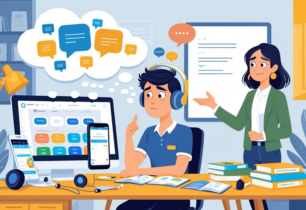 An adult learner sitting at a desk with language apps and books, looking frustrated while a tutor encourages speaking practice in a study room.