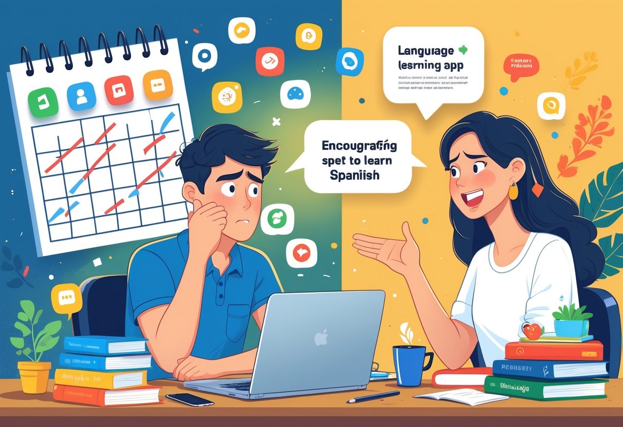 A person looks frustrated using language apps on a laptop with a calendar showing many days passed, then confidently speaking Spanish with a native speaker in a casual setting.