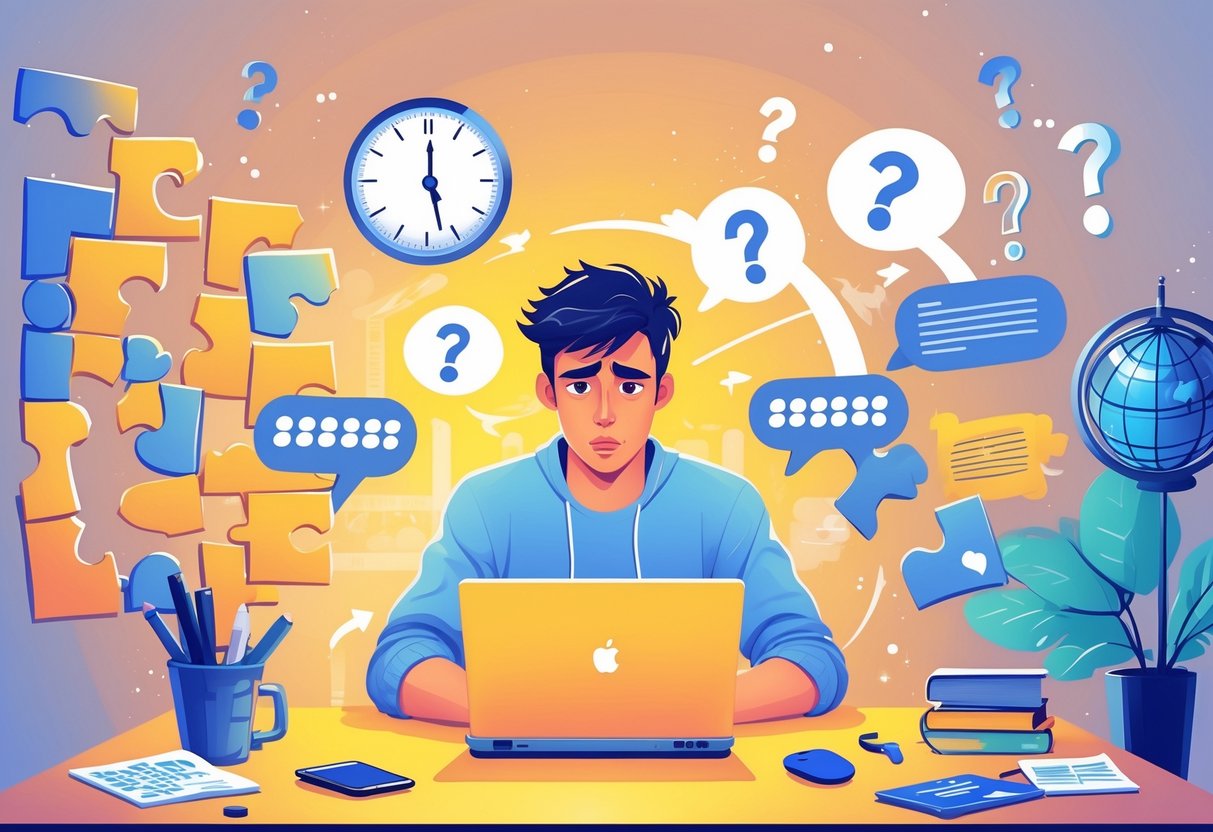 A young adult sitting at a desk with a laptop, surrounded by symbols of language learning challenges and a bright path symbolizing progress.