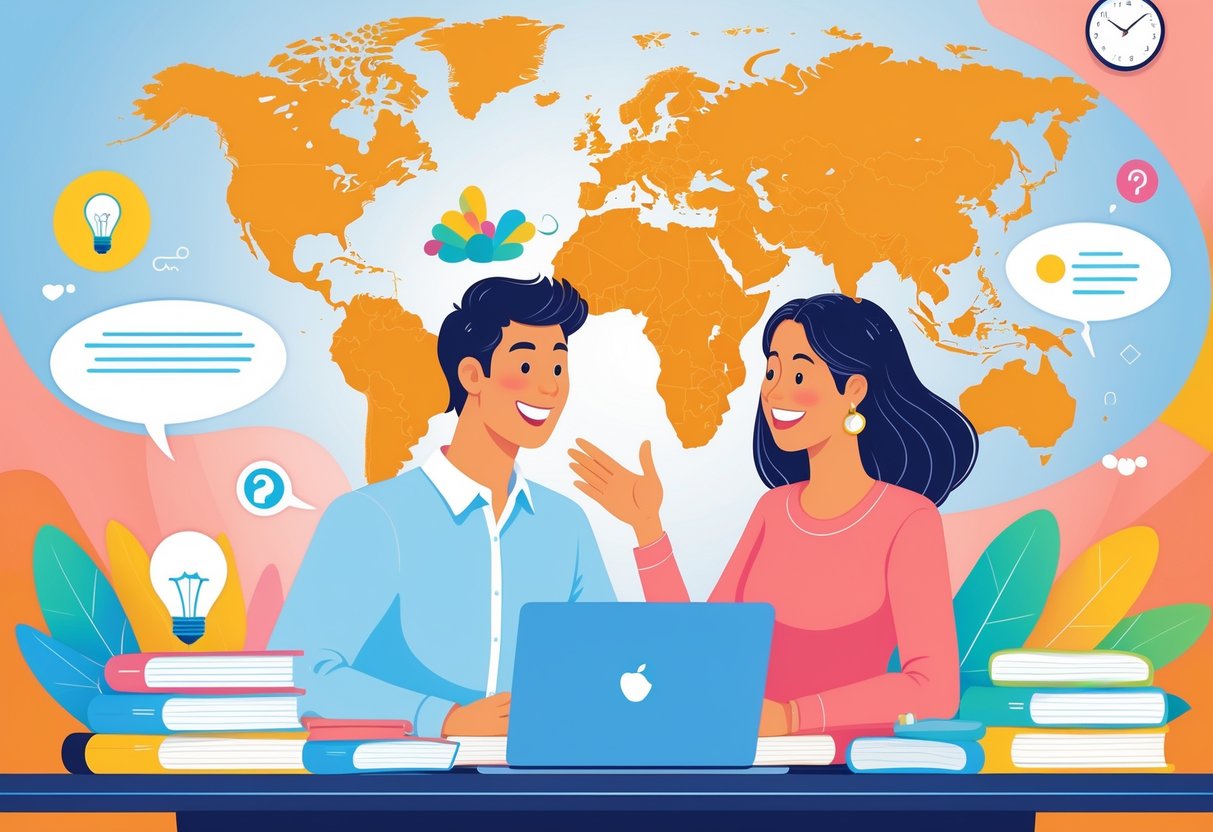 A person learning Spanish speaking naturally with a native speaker at a desk filled with language books and a laptop, surrounded by symbols representing idioms and expressions.