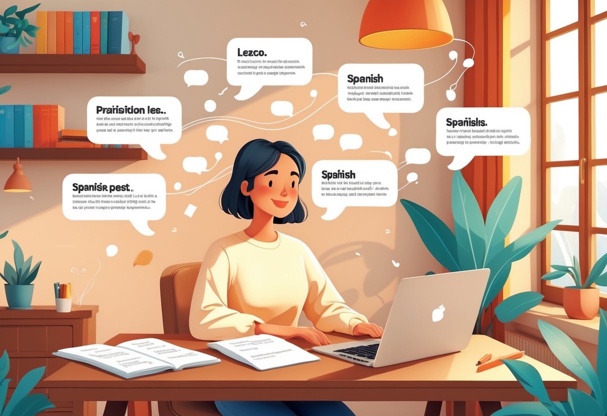 A person studying Spanish at a desk with a notebook and laptop, surrounded by speech bubbles and books in a cozy room.