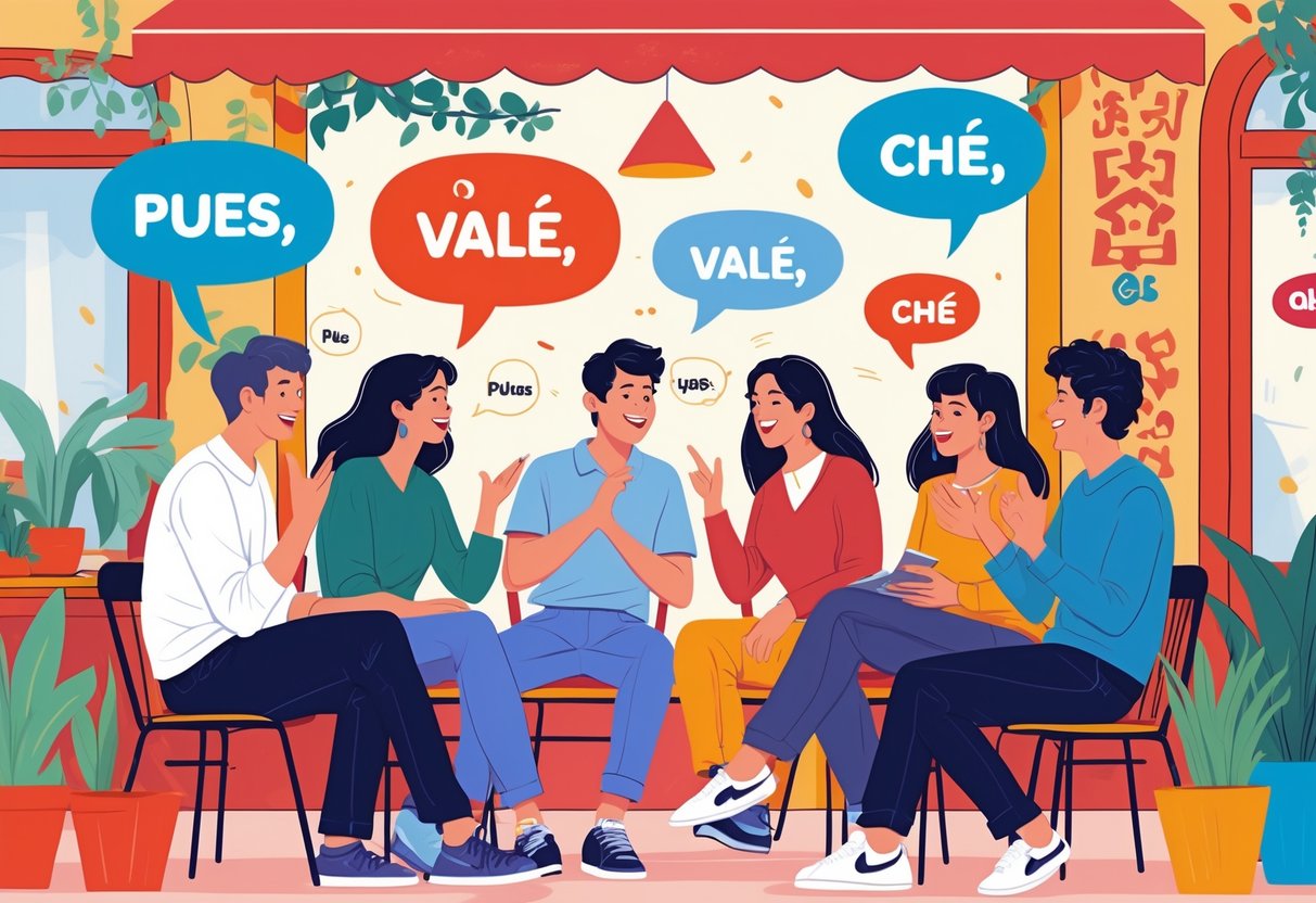 A group of young adults having an animated conversation in a cozy café with Spanish cultural decorations, showing natural and relaxed communication.