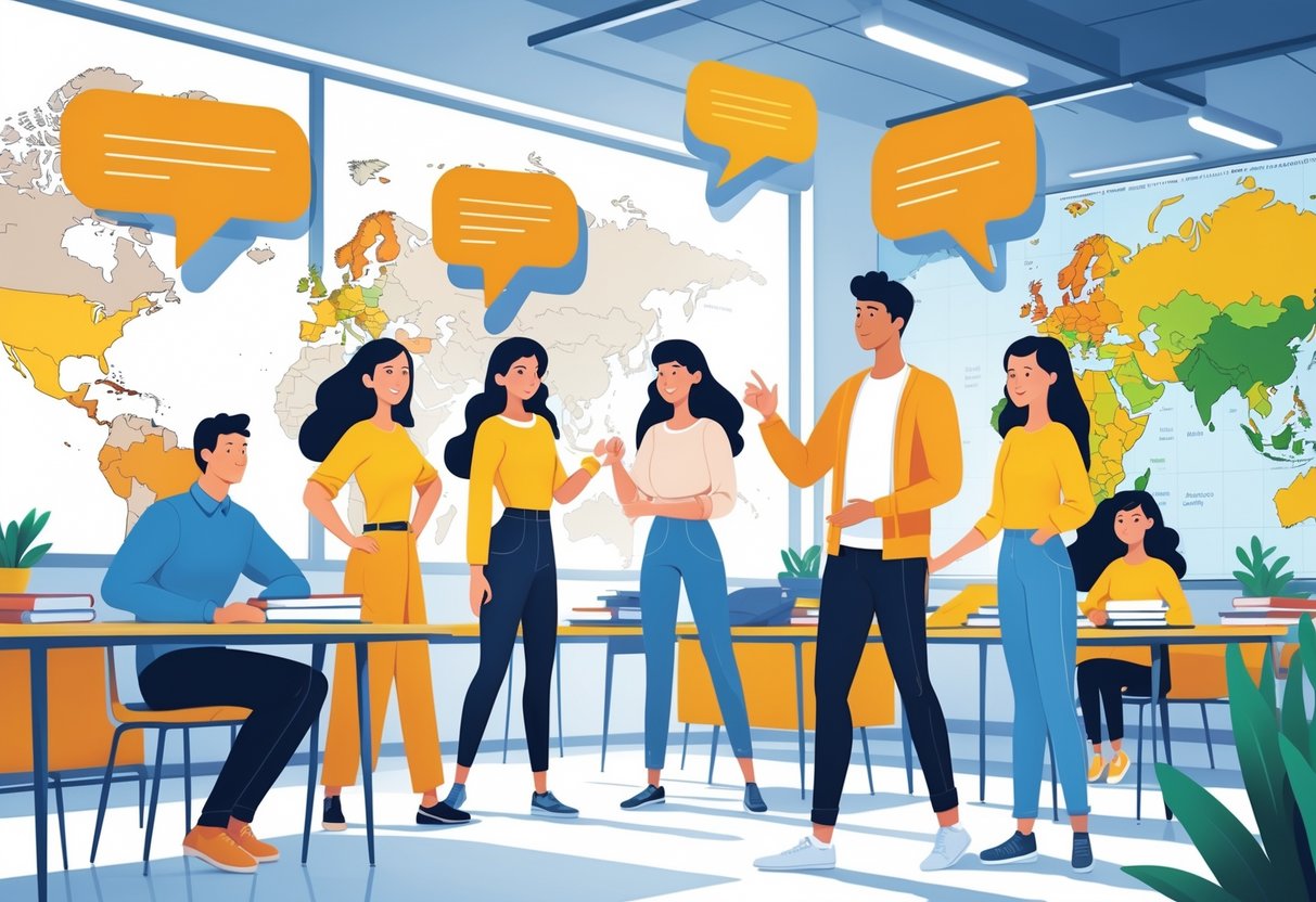 A group of people in a classroom practicing Spanish conversation with relaxed and confident expressions, showing smooth and natural interaction.