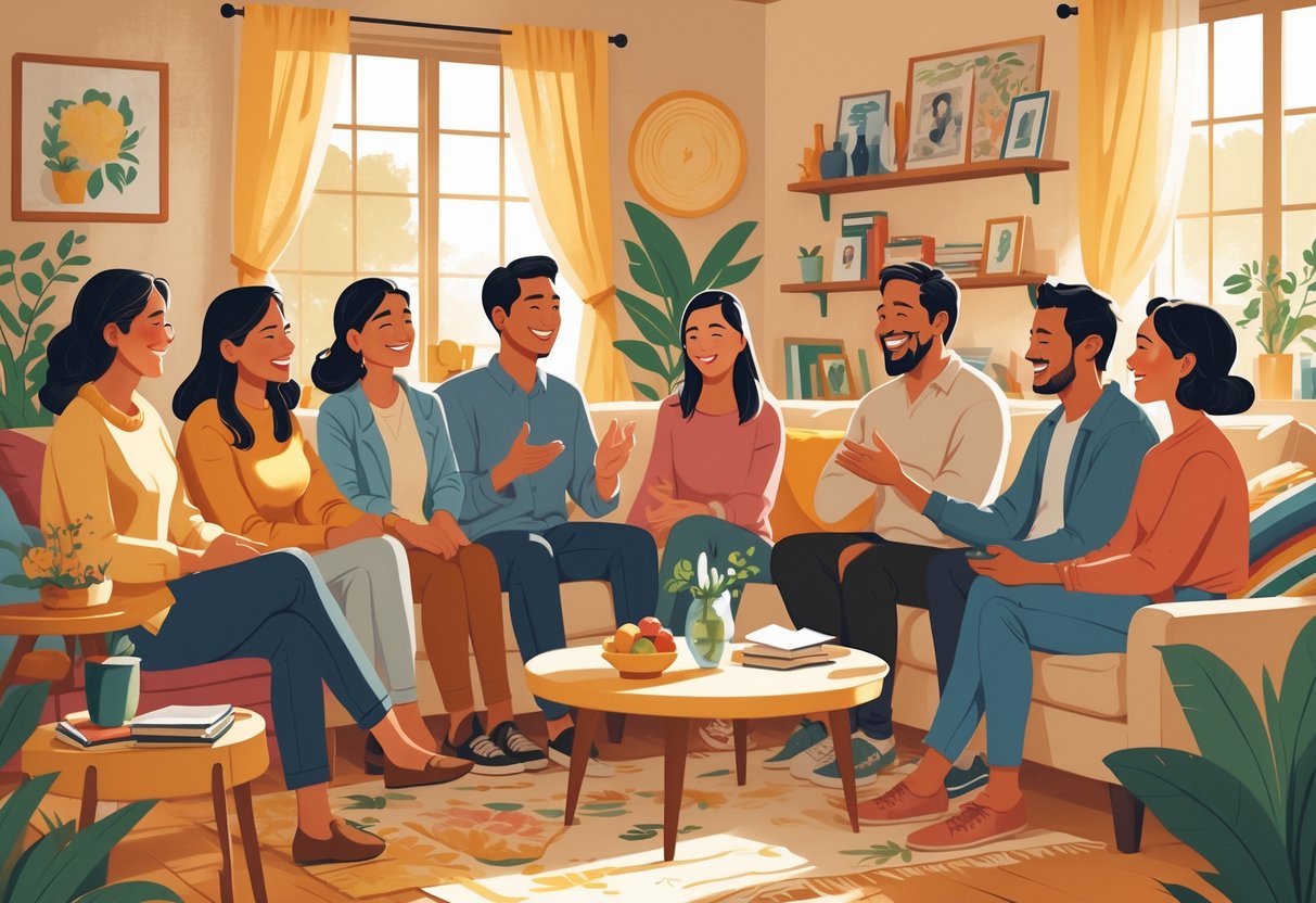 A diverse group of people talking and smiling together in a cozy living room filled with cultural decorations.