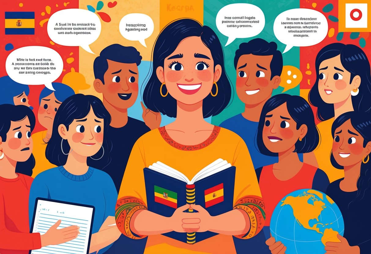 A diverse group of people learning Spanish, with a confident heritage speaker at the center surrounded by cultural symbols and language learning elements.