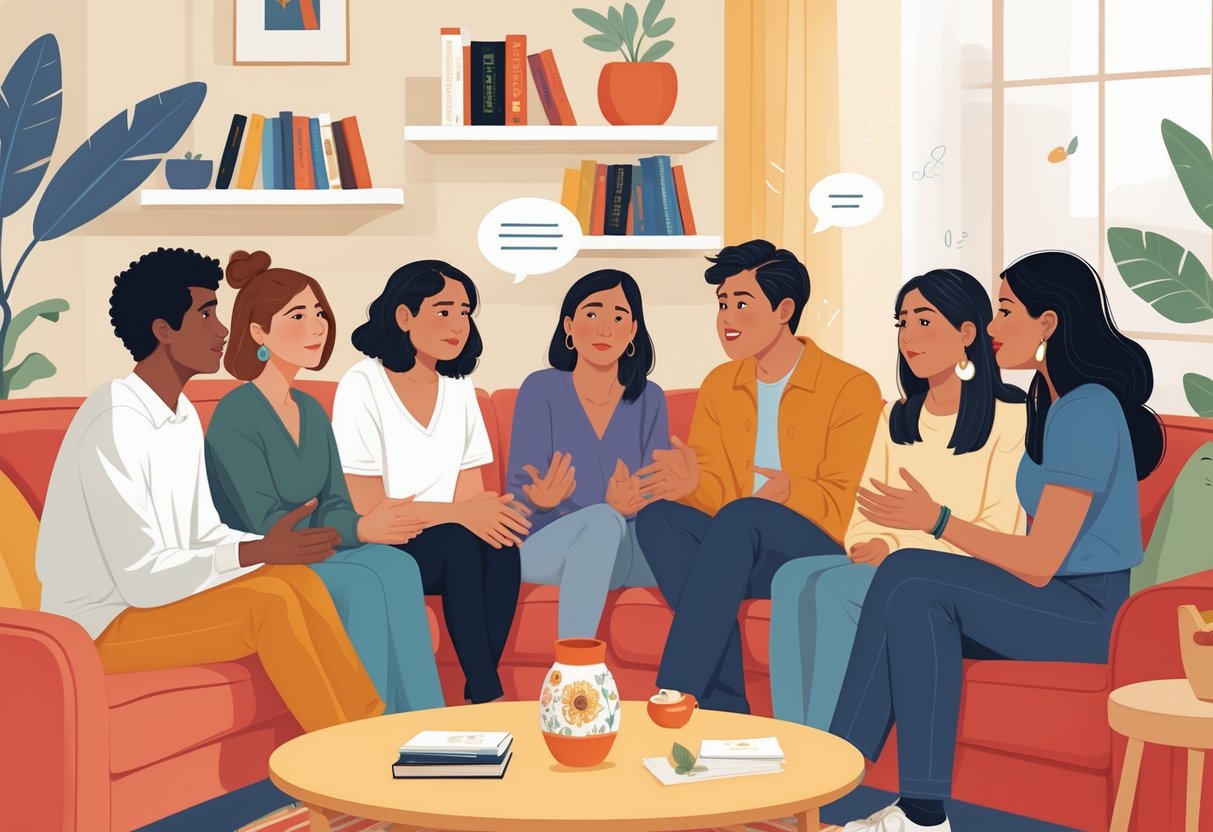 A group of young adults having a supportive conversation in a cozy room with cultural decorations reflecting Spanish heritage.